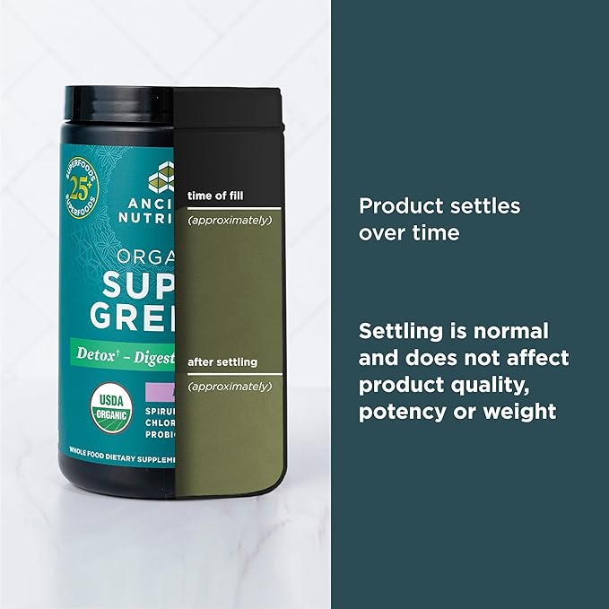 ANCIENT NUTRITION Organic SuperGreens Powder with Probiotics, Peppermint, Made from Real Fruits & Vegetables, Digestive & Energy Support, 25 Servings