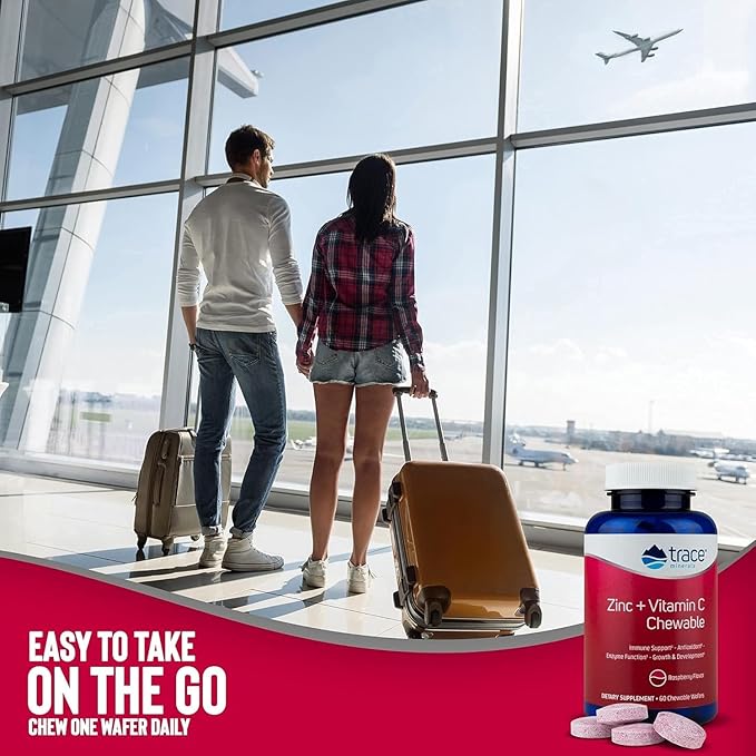 Trace Minerals Zinc Plus Vitamin C - Chewable Multivitamin for Enzyme Function & Healthy Growth Support - Vitamin & Mineral Supplement for Immune Health - Raspberry, 60 Chewable Wafers (60 Servings)