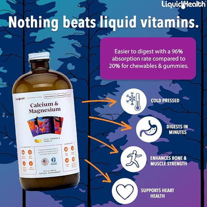 LIQUIDHEALTH Calcium & Magnesium Adult Liquid Vitamin Supplement - Bone, Joint, Muscle, Connective Tissue Support, Heart Health, Essential Nutrients - Great Taste, Vegan, Non GMO, Sugar-Free (32 oz)
