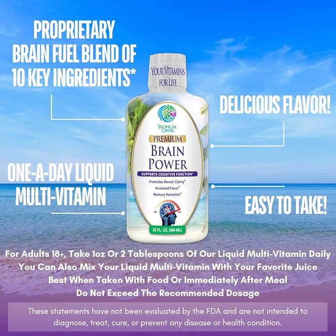 Tropical Oasis - Brain Power | Liquid Nootropic Supplement - Promotes Mental Clarity, Focus, and Memory Retention (Unflavored, 32 Servings)