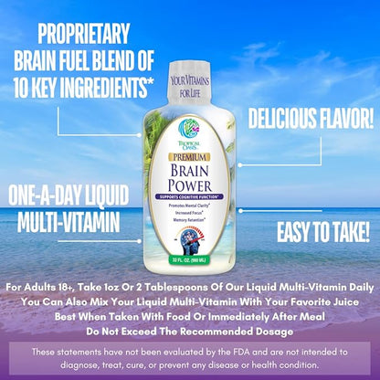Tropical Oasis - Brain Power | Liquid Nootropic Supplement - Promotes Mental Clarity, Focus, and Memory Retention (Unflavored, 32 Servings)