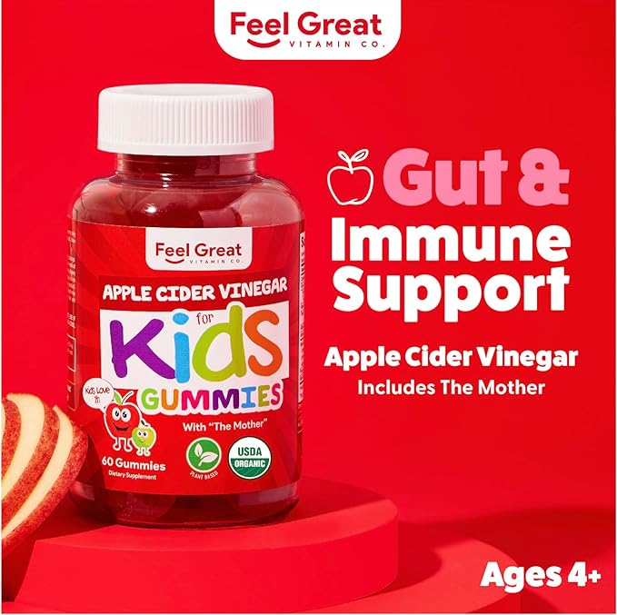 Organic Kids Apple Cider Vinegar Gummies by Feel Great Vitamins | Rich in Digestive Enzymes & Natural Antioxidants for Gut Health | Kids Gummy Supports Healthy Nutrient Absorption | 60 Day Supply