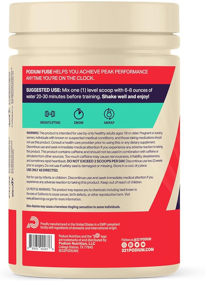 Podium Nutrition, Fuse Pre Workout Powder, Blue Razz Slushie, 30 Servings, Beta Alanine and Caffeine for Energy, Gluten Free, Soy Free, Dairy Free