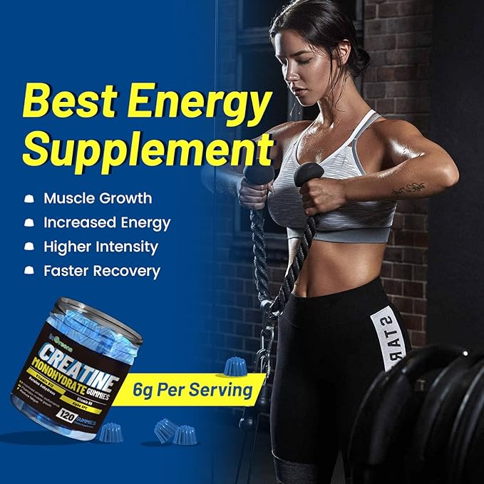 Creatine Monohydrate Gummies 6g for Men & Women, Potent Creatine Supplement, Chewables Creatine for Energy Boost, Increase Strength and Build Muscle, Gluten-Free, Sugar Free,120 Count