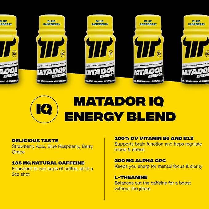 MATADOR Energy Shots - Blue Raspberry 24 Bulk Pack - Sugar Free Nootropic Natural Caffeine Energy Shot Bottles, B Vitamin Complex (Vitamin B3 & B12), 200 MG of Alpha GPC Enhancing Cognitive Function