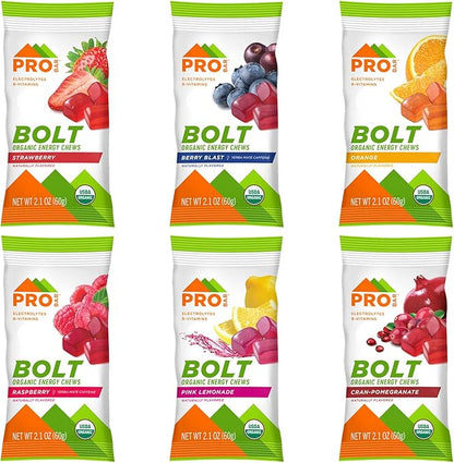 PROBAR - BOLT Organic Energy Chews, Variety Pack, Strawberry, Berry Blast, Orange, Raspberry, Pink Lemonade, Cranberry Pomegranate - Gluten-Free, USDA Certified Organic (12 Count) - Flavors May Vary