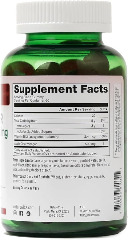NatureWise Apple Cider Vinegar Gummies - 500mg ACV Gummies with Vitamin B12 - Apple-Pineapple Flavor - Support for Energy & Gut Health - Vegan, Gluten-Free, Non-GMO - 60 Gummies[2-Month Supply]