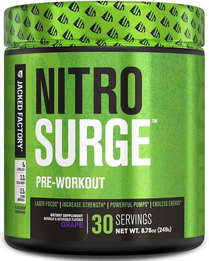 Jacked Factory NITROSURGE Pre Workout Supplement - Endless Energy, Instant Strength Gains, Clear Focus, Intense Pumps - Nitric Oxide Booster & Powerful Preworkout Energy Powder - 30 Servings, Grape