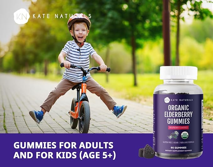 Kate Naturals Elderberry Gummies with Vitamin C and Zinc for Adults & Kids. Tasty Sambucus Elderberry Gummies for Immune Support (90 Gummies, 45 Day Supply, Organic)