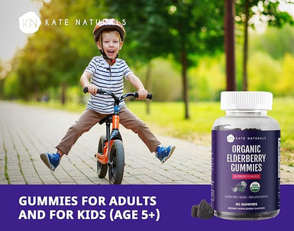 Kate Naturals Elderberry Gummies with Vitamin C and Zinc for Adults & Kids. Tasty Sambucus Elderberry Gummies for Immune Support (90 Gummies, 45 Day Supply, Organic)