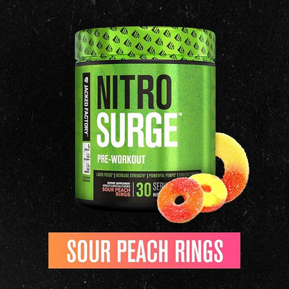 Jacked Factory NITROSURGE Pre Workout Supplement - Endless Energy, Instant Strength Gains, Clear Focus, Intense Pump - NO Booster & Preworkout Powder with Beta Alanine - 30 Servings, Sour Peach Rings
