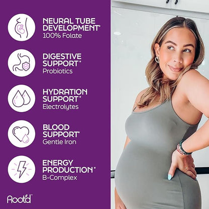 Root'd Prenatal Multivitamin Powder - 25 Vitamins & Minerals with 3x Electrolytes, Folate, Iron, D3 for Mom & Baby, 7 Superfood & Probiotics, Sugar-Free Vitamins & Hydration | 30 Vitamin Drink Packets