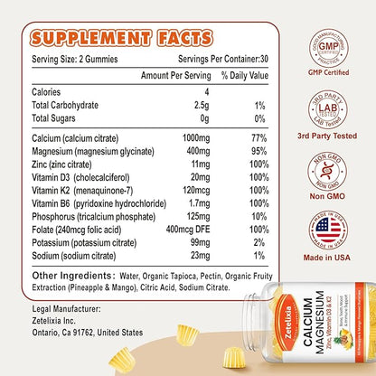 Calcium Gummies for Women Men, Calcium Magnesium Zinc with Vitamin D3 & K2, Calcium Magnesium Supplement for Bones Muscles and Joints, Pineapple & Mango Flavor - 60 Count