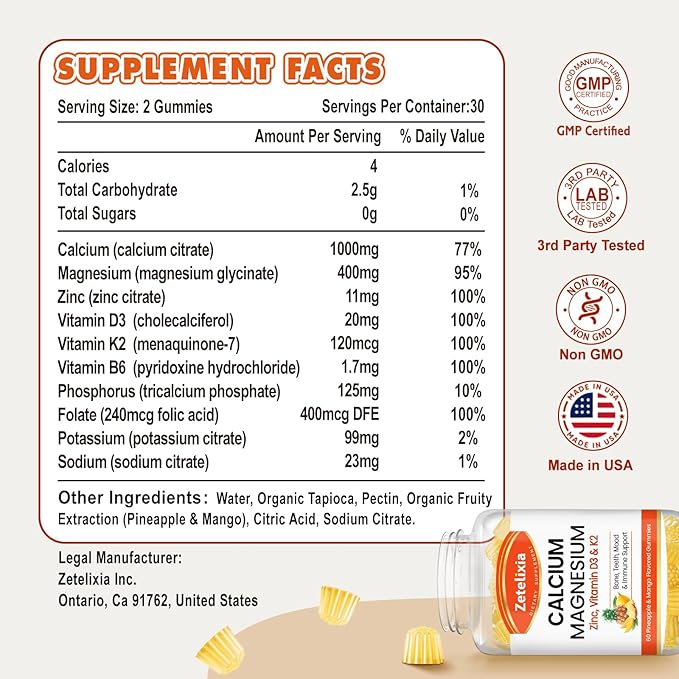 Calcium Gummies for Women Men, Calcium Magnesium Zinc with Vitamin D3 & K2, Calcium Magnesium Supplement for Bones Muscles and Joints, Pineapple & Mango Flavor - 120 Count