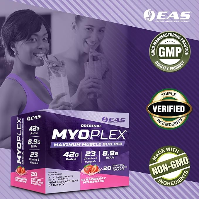 Original Myoplex Maximum Muscle Builder | Meal Replacement Protein Drink Mix | Quality Protein Blend | 42g Protein | 20 Individual Packets (Strawberry Milkshake)