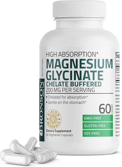 Bronson Magnesium Glycinate 200 MG per Serving Chelated for High Absorption, Gentle On Stomach, Non-GMO, 60 Vegetarian Capsules