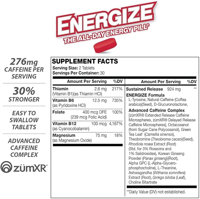 Energize Extra Strength Caffeine Pills, Fast Acting Long-Lasting Energy Pill with Extended Time Release Caffeine, Improved Clarity & Energy Support for Men & Women, No Jitters, No Crash (60 Tablets)