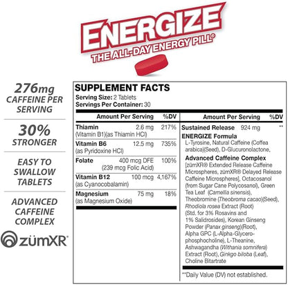 Energize Extra Strength Caffeine Pills, Fast Acting Long-Lasting Energy Pill with Extended Time Release Caffeine, Improved Clarity & Energy Support for Men & Women, No Jitters, No Crash (60 Tablets)