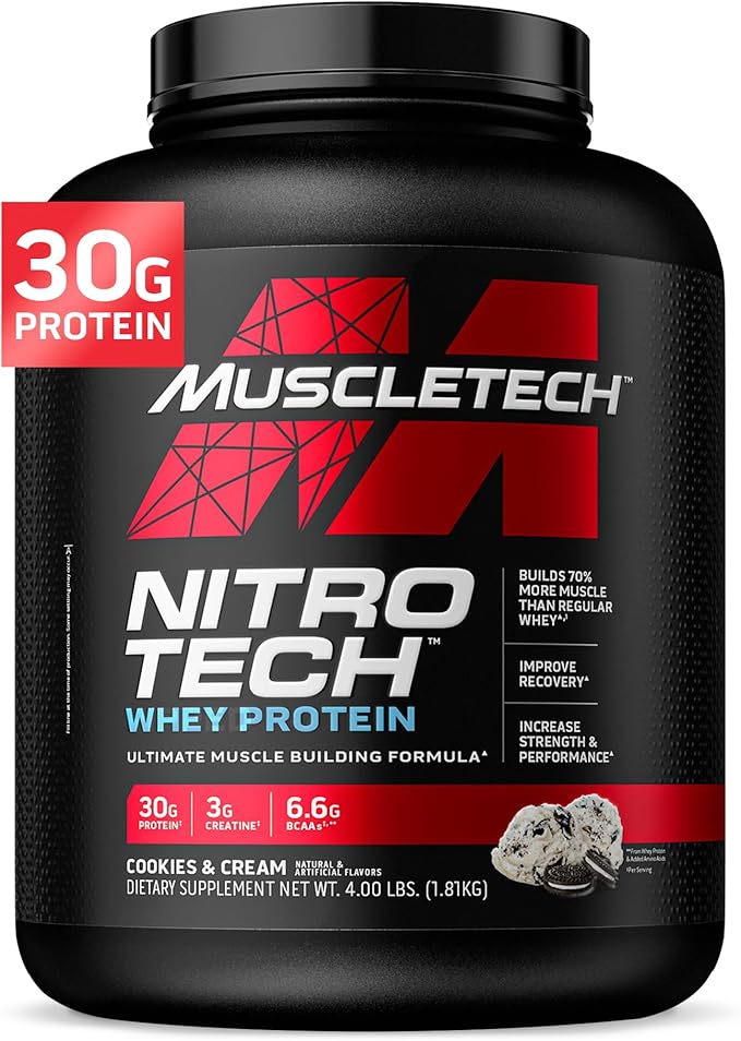 Muscletech Whey Protein Powder (Cookies & Cream, 4 Pound) - Nitro-Tech Muscle Building Formula with Whey Protein Isolate & Peptides - 30g of Protein, 3g of Creatine & 6.8g of BCAA