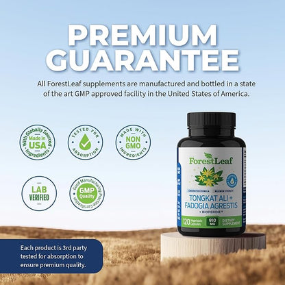 ForestLeaf Tongkat Ali + Fadogia Agrestis Supplement with BioPerine - Maximum Strength 200:1 Extract - 300g Longjack Tongkat Ali for Men or Women - Test, Muscle and Strength Support - 120 Capsules