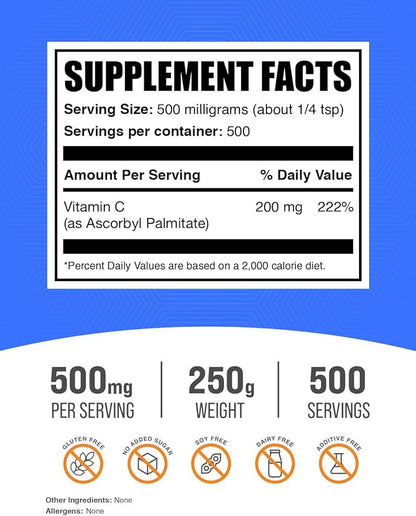 BulkSupplements.com Ascorbyl Palmitate Powder - Vitamin C Ester, Ascorbyl Palmitate 500mg - Vitamin C Supplement, Gluten Free, 500mg per Serving, 250g (8.8 oz) (Pack of 1)