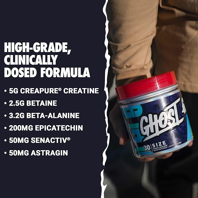 GHOST Size Muscle Builder Dietary Supplement - Lime, 30 Servings - Muscle Growth and Strength Building Supplements for Men & Women - Creatine, Betaine & Beta-Alanine - Free of Sugar & Gluten, Vegan