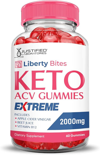 Liberty Bites Keto ACV Gummies Extreme 2000MG Libertybites Keto Gummies Apple Cider Vinegar Formulated with Pomegranate Beet Juice Powder B12 Vegan Non GMO 60 Gummys