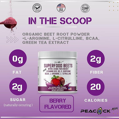 Beetroot Powder, 10.59 oz, 40 Servings - Superfood for Blood Pressure Support, Nitric Oxide Booster, Beet Root Extract, BCAA for Heart Health, Green Tea Extract, Berry Flavor