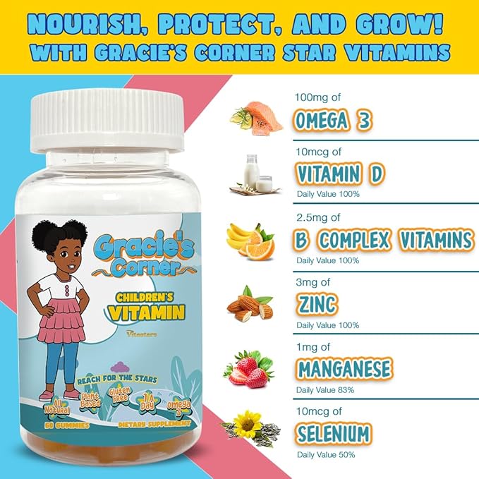 Gracie's Corner Stars Kids Multivitamin Gummies with Omega 3, Selenium, Vitamins A, B, C, D, Plant Based Multi Vitamins for Children, Manganese, 60 Star Shaped Gluten Free Gummies