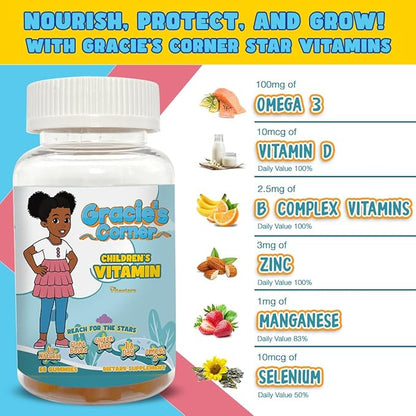 Gracie's Corner Stars Kids Multivitamin Gummies with Omega 3, Selenium, Vitamins A, B, C, D, Plant Based Multi Vitamins for Children, Manganese, 60 Star Shaped Gluten Free Gummies