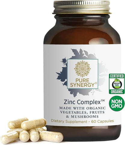 PURE SYNERGY Zinc Complex | Zinc Immune Support Supplement | Natural, Vegan Zinc Complex with Vitamin C and Organic Whole Foods | for Immune, Brain, and Skin Health (60 Capsules)