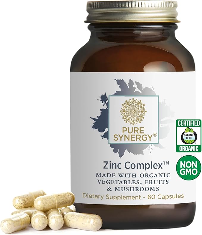 PURE SYNERGY Zinc Complex | Zinc Immune Support Supplement | Natural, Vegan Zinc Complex with Vitamin C and Organic Whole Foods | for Immune, Brain, and Skin Health (60 Capsules)