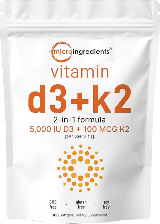 Micro Ingredients Vitamin D3 5000 IU with K2 100 mcg, 300 Soft-Gels | K2 MK-7 with D3 Vitamin Supplement, 2 in 1 Support Immune, Heart, Joint, Teeth & Bone Health - Easy to Swallow