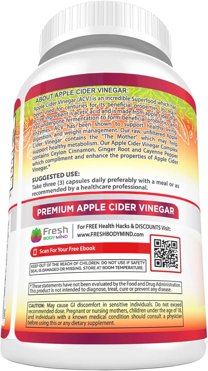 Apple Cider Vinegar Capsules Max 1740mg with Mother - 100% Natural & Raw with Cinnamon, Ginger & Cayenne Pepper - Ideal for Healthy Living, Detox & Digestion -120 Vegan Pills