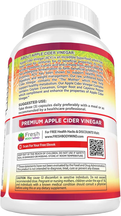Apple Cider Vinegar Capsules Max 1740mg with Mother - 100% Natural & Raw with Cinnamon, Ginger & Cayenne Pepper - Ideal for Healthy Living, Detox & Digestion -120 Vegan Pills