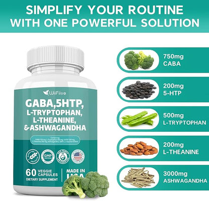 Gaba 750mg 5-HTP 200mg L-Theanine 200mg Ashwagandha 3000mg L-Tryptophan 500mg with Vitamin D3 Vitamin B6 L-Tyrosine Black Pepper SAM-e, Dietary Supplement, Non GMO, NSF Certified, 60 Capsules
