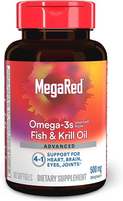 Megared Omega-3 Fish Oil + High Absorption Krill Oil 500mg Softgels, MegaRed Advanced 4in1 (80 count in a bottle) Concentrated Omega-3 Fish & Krill Oil Supplement