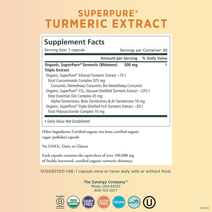 Pure Synergy SuperPure Turmeric Extract | Organic Turmeric Curcumin Supplement | 500 mg Turmeric Extract Capsules | Potent Support for Immune and Joint Health (60 Capsules)