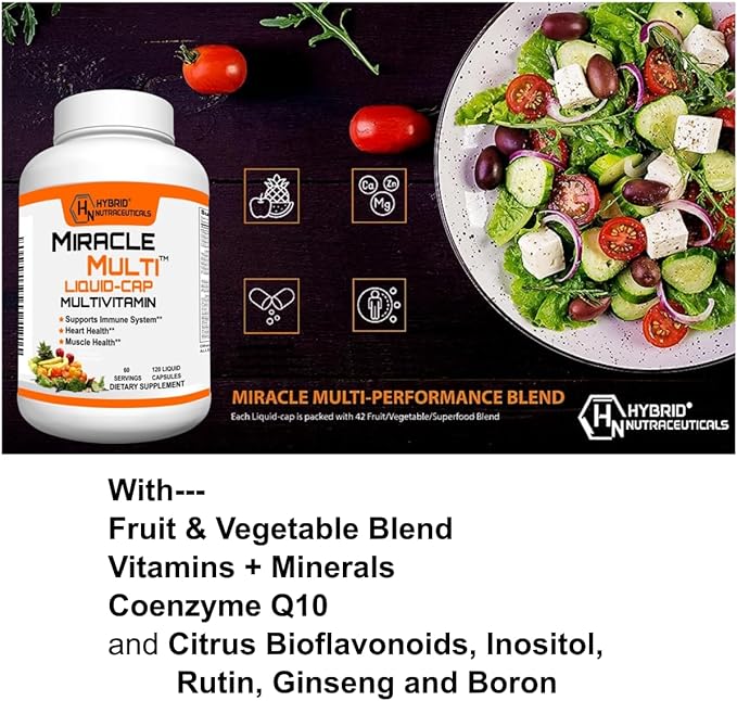 MiracleMulti Liquid Multivitamin Capsules for Men & Women - Complete Whole Food Blend Daily Vitamin & Mineral Supplement with CoQ10, B12, 42 Superfood Enzyme - 120 Softgels