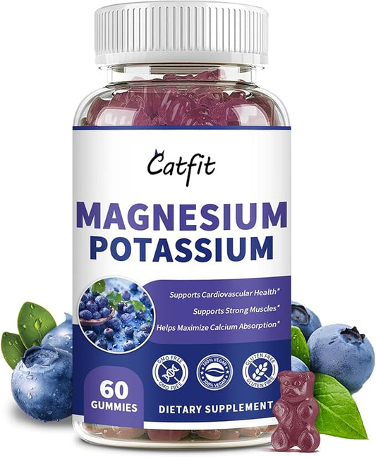 Potassium Magnesium Supplement Gummies,Magnesium Glycinate 500mg,Potassium Gluconate 99mg,Triple Magnesium Complex 1700mg,Calcium,Zinc,Vitamin D3 for Leg Cramps,Sleep,Immunity & Energy,60 Ct Blueberry