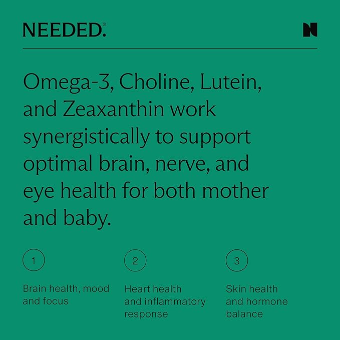 Needed Vegan Omega 3 DHA EPA Supplement - Delivers 500MG of Omega-3 DHA & EPA and 100MG of Choline, Encased in Veg Capsule, Sustainably Sourced from Algae Oil, Daily Dose of 2 Capsules, 30-Day Supply