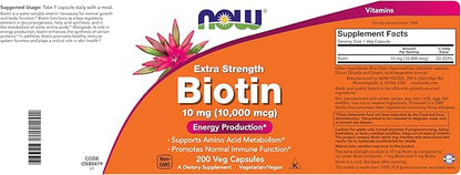 NOW Foods Extra Strength Biotin 10000mcg / 10 mg - 200 Count - Hair, Skin, Nail - Supplement for Men and Women - B7 Vitamin - Vegetarian, Vegan, Non-GMO