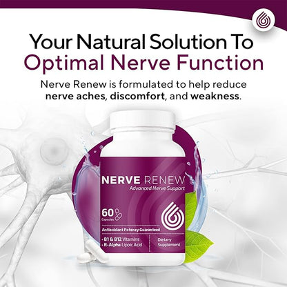 NERVE RENEW Advanced Nerve Support - 300mg Stabilized R-Alpha Lipoic Acid, Vitamin B Complex, Benfotiamine, Herbs for Fast-Acting Support - 60 ct