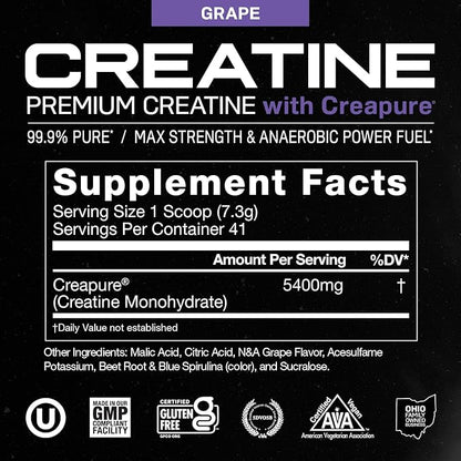 Muscle Feast Creapure Creatine Monohydrate Powder, Vegan Keto Friendly Gluten-Free Easy to Mix, Mass Gainer, Muscle Recovery Supplement and Best Creatine for Muscle Growth, Grape, 300g