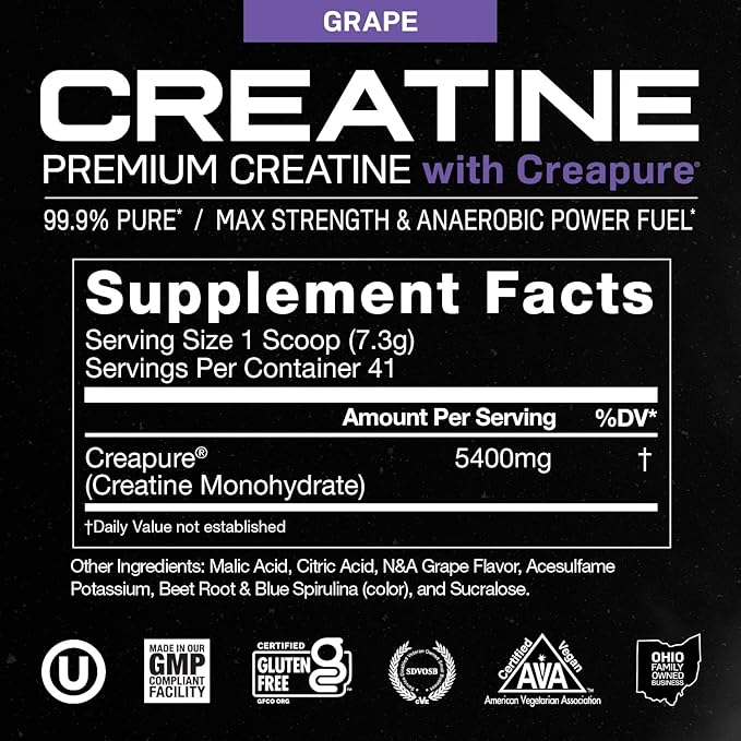 Muscle Feast Creapure Creatine Monohydrate Powder, Vegan Keto Friendly Gluten-Free Easy to Mix, Mass Gainer, Muscle Recovery Supplement and Best Creatine for Muscle Growth, Grape, 300g
