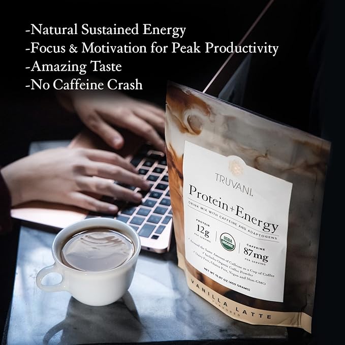 Truvani Protein + Energy Drink Mix with 87mg Caffeine | Vanilla Latte | 12g Organic Plant Based Protein | 20 Servings | USDA Organic Coffee Powder & Adaptogens | Gluten & Dairy Free | Vegan | Non-GMO