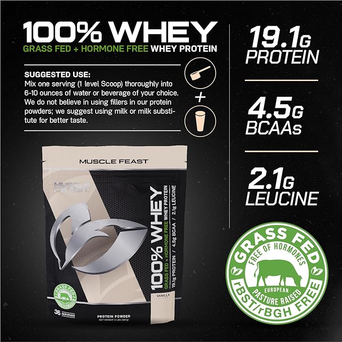Muscle Feast 100% Grass-Fed Whey Protein, Pastured Raised Hormone Free All Natural, Vanilla, 2lb
