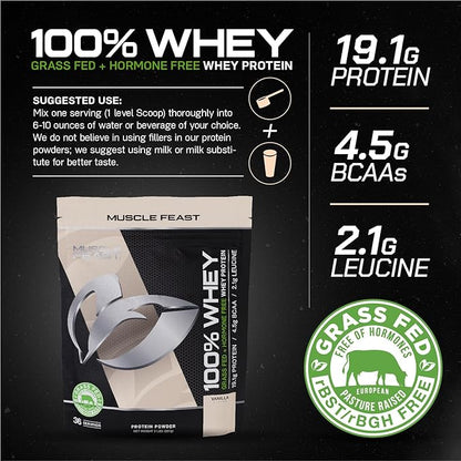 Muscle Feast 100% Grass-Fed Whey Protein, Pastured Raised Hormone Free All Natural, Vanilla, 2lb