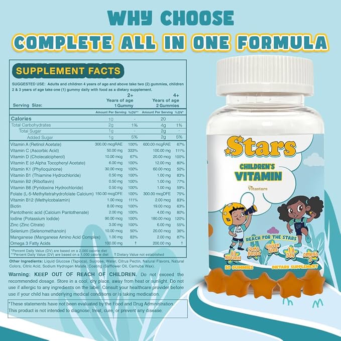 Stars Kids Multivitamin Gummies with Omega 3, Vitamins for Kids with A, B, C, D, Plant Based Multi Vitamins for Children, Manganese, 60 Star-Shaped Multivitamin for Kids, Gluten-Free Gummy Vitamins