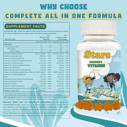 Stars Kids Multivitamin Gummies with Omega 3, Vitamins for Kids with A, B, C, D, Plant Based Multi Vitamins for Children, Manganese, 60 Star-Shaped Multivitamin for Kids, Gluten-Free Gummy Vitamins